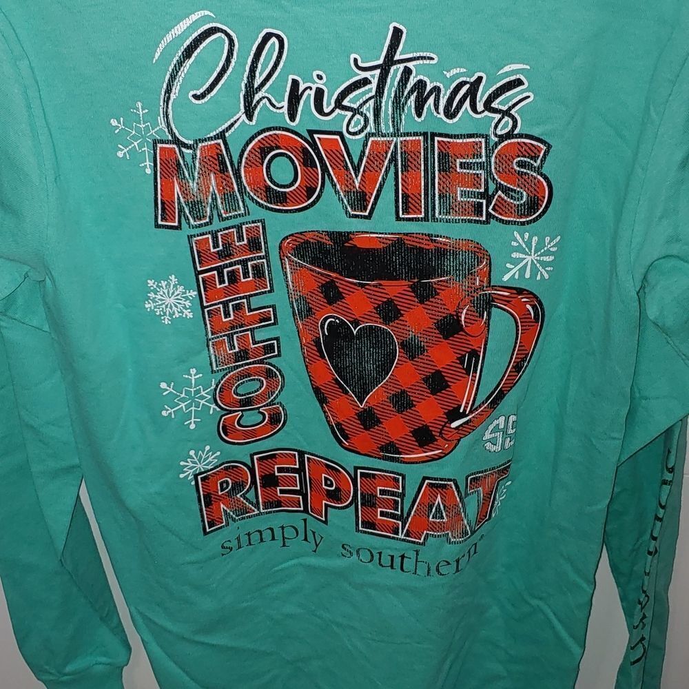 Simply Southern christmas Movies Coffee Repeat  long sleeve tshirt  Sz S NWT